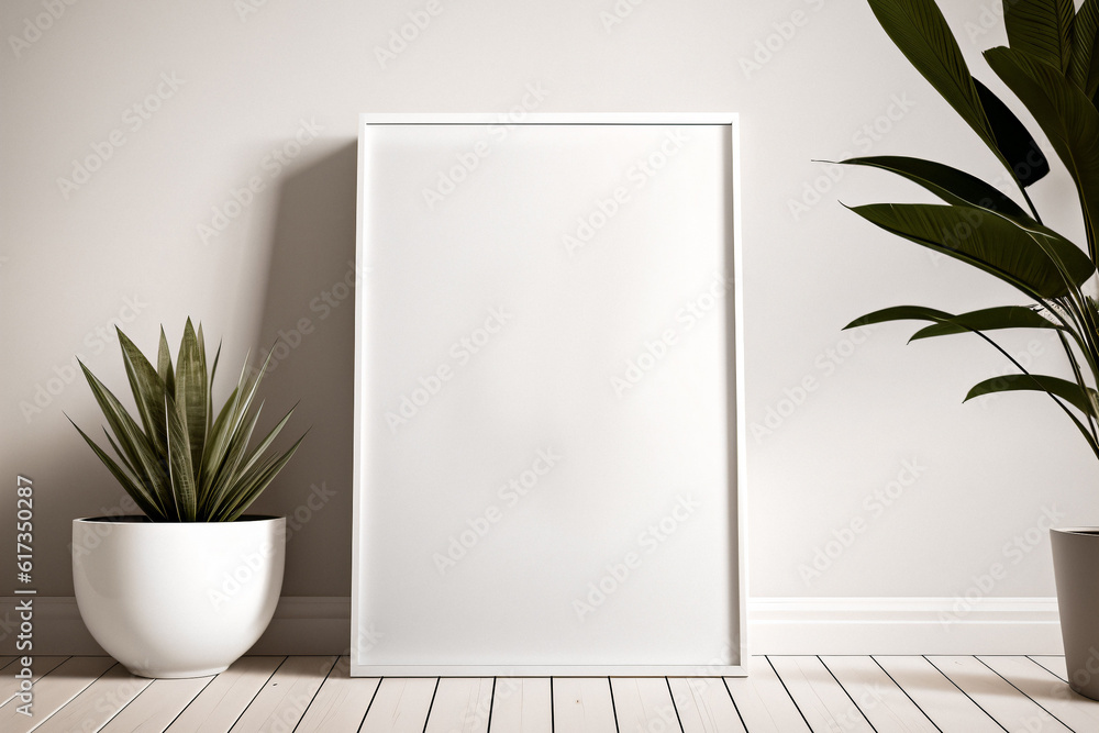 Vertical frame mockup in minimalist white interior Vertical frame mockup in minimalist white interior
