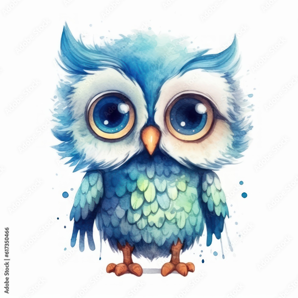Superniedliches Wasserfarben-Porträt einer Eule für Kinder, Clipart auf weißem Hintergrund, Generative AI Superniedliches Wasserfarben-Porträt einer Eule für Kinder, Clipart auf weißem Hintergrund, Generative AI