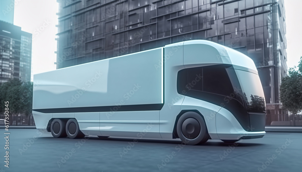 Cargo truck for delivery of goods with automated unmanned control with blank side mock up on city streets, generated AI