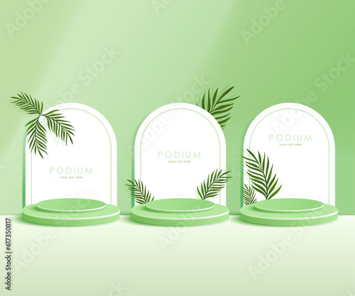 3d product podium and pedestal in green color with palm leaves. 3d rendering vector background view with podium. To display 3d cosmetic products.