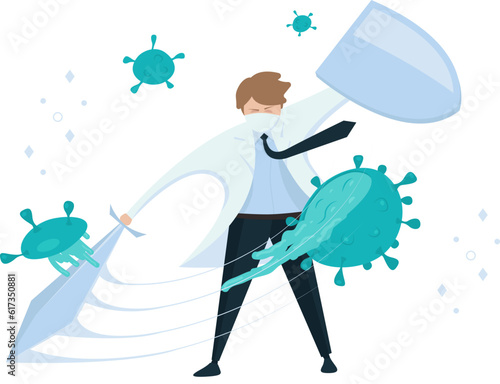 Virus protection concept covid-19 or 2019-ncov. Doctor with shield and sword fight coronavirus. Medecine victory over viruses. Vector illustration.