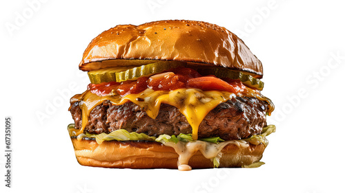 This image showcases a close-up view of a scrumptious cheeseburger cooked to perfection. 