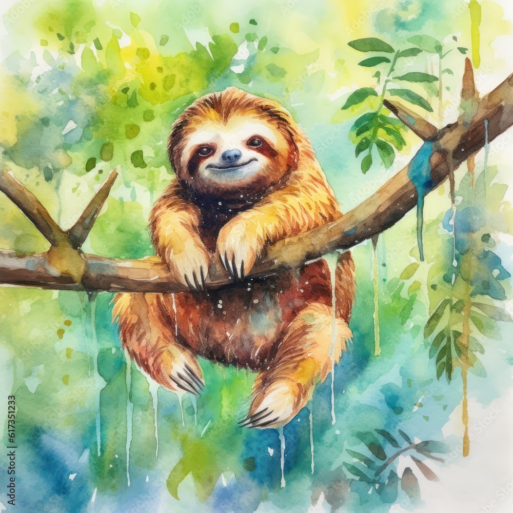 Entzückende Watercolor-Zeichnung eines Faultiers, das an einem Baum