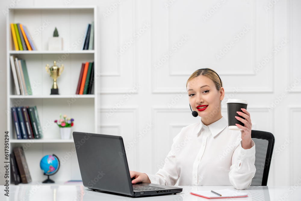customer service cute blonde girl office shirt with headset and computer holding paper cup customer service cute blonde girl office shirt with headset and computer holding paper cup