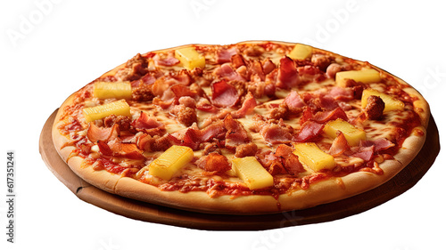 This image showcases a delicious Hawaiian pizza with ham and pineapple toppings, sitting on a wooden platter. The pizza is served on a cutting board, ready for someone to enjoy a slice.  photo