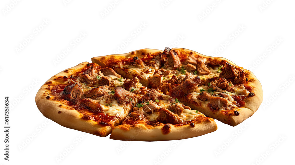 A delicious and inviting meat and cheese pizza is presented on a plate, sliced and ready to serve. A delicious and inviting meat and cheese pizza is presented on a plate, sliced and ready to serve.