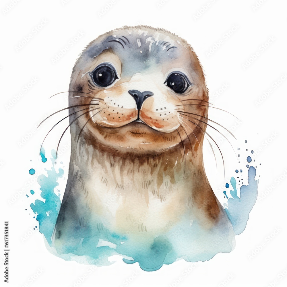  Wasserfarben-Illustration des super niedlichen Seehund-Kopfes für Bildidee 