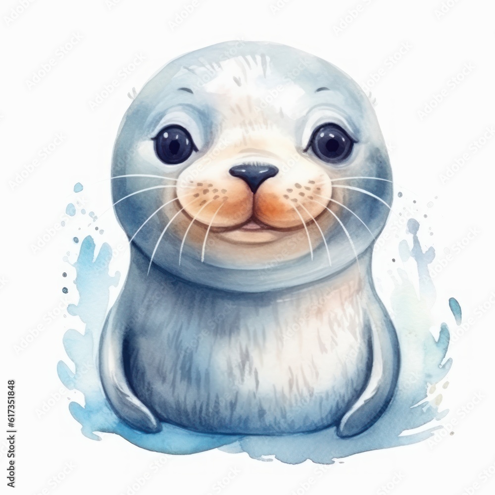 Fototapeta premium Wasserfarben-Illustration des super niedlichen Seehund-Kopfes für Kinder - Clipart auf weißem Hintergrund, Generative AI