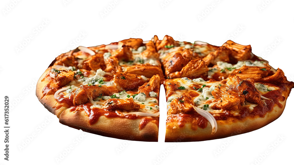 a yummy chicken and cheese pizza that has been cut into slices. The pizza is topped with several ingredients a yummy chicken and cheese pizza that has been cut into slices. The pizza is topped with several ingredients