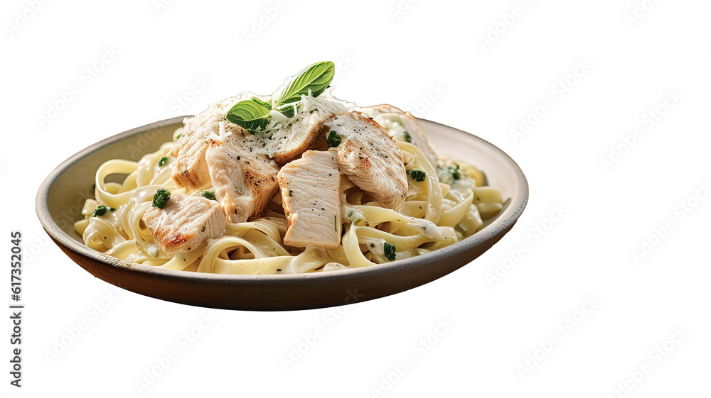 a plate of delicious food consisting of chicken, pasta, and a light sauce. The chicken is positioned in the center of the plate, surrounded by the pasta. 