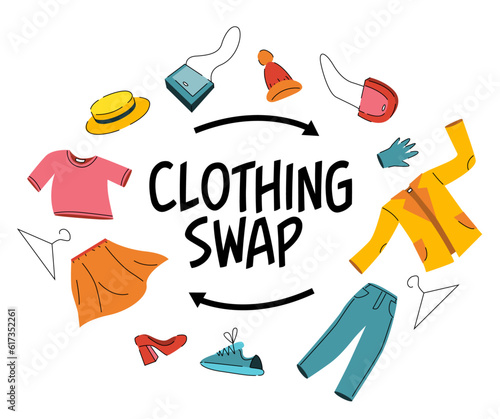 Clothing swap elements. Clothes and shoes for exchange. Eco-friendly, Reduce waste. Black lettering isolated on white background. Clothing donation, Sustainable fashion.