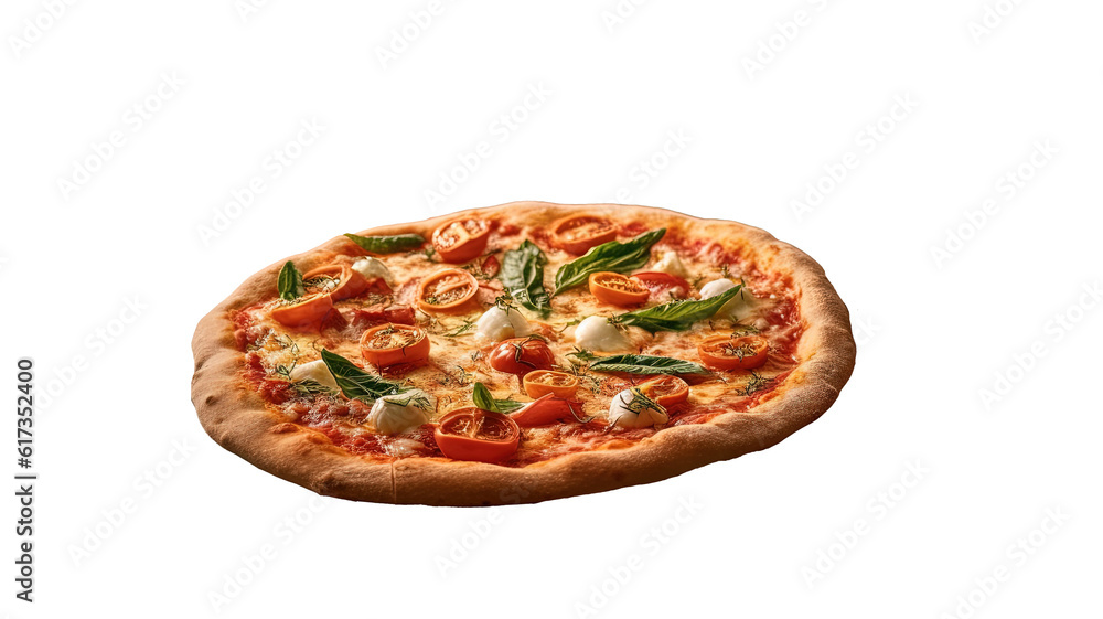 a delicious, freshly baked Margherita pizza with tomato, basil, and cheese toppings, lying on a black surface. The pizza has an appetizing aroma and appears to be ready to be served.