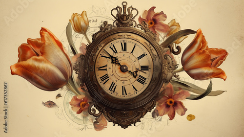  floral, vintage background, flover, products, enginer, generative, ai, steampunk, clockwork, brooch, toulip  photo