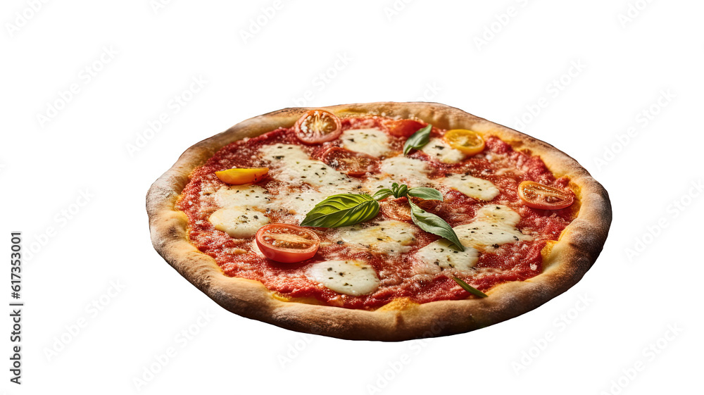 a delicious, freshly baked Margherita pizza with tomato sauce, mozzarella cheese, and basil leaves as its toppings. The pizza has just been taken out of the oven, and it's likely still steaming hot.