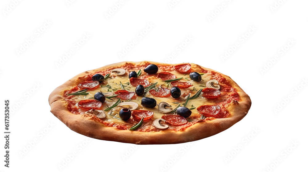 a delicious, whole fresh pepperoni and blueberry cheese pizza, just taken out of the oven. 