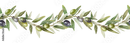 Olive branches, leaves and fruits. Seamless border of branches olive tree. Watercolor hand drawn illustration. For menu, packaging design, wedding invitation, save the date or greeting card.