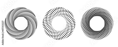 Abstract optical illusion shapes. Hypnotic spiral objects with black and white lines. Vector illustration.