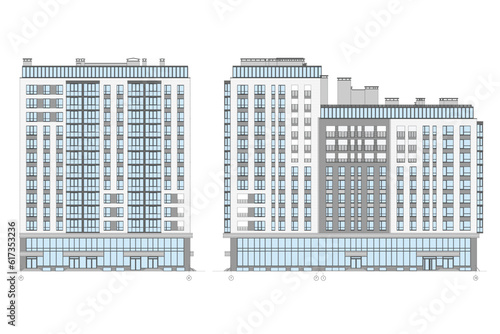 Vector architectural project of a multistory building facades and floor plan