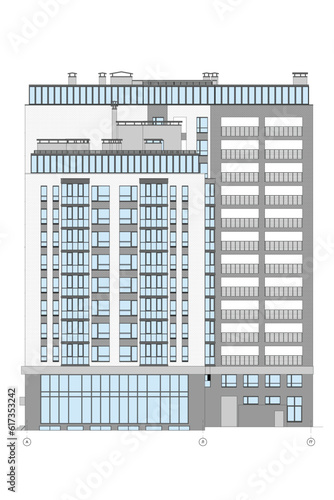 Vector architectural project of a multistory building facades and floor plan