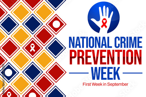 Crime Prevention Week backdrop with ribbon and colorful typography. First full week of September is observed as crime prevention week