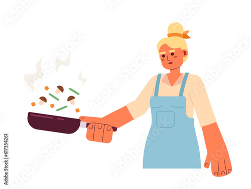 Blonde woman flipping vegetables semi flat colorful vector character. Editable half body chef frying food on steel pan on white. Simple cartoon spot illustration for web graphic design