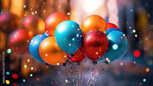 Colorful balloons with bokeh background, a festive background with colorful balloons. Design concept for holiday