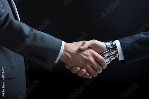 Businessman Shaking hand with a Robot. Innovation Futuristic Handshake between man and Robotic Generative AI