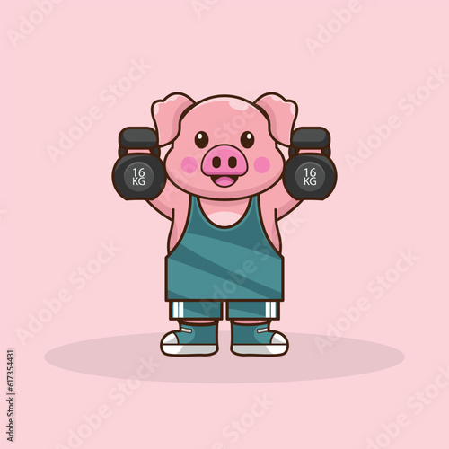 Adorable Cartoon Pig Flexing Muscles with a Kettlebells in green uniform