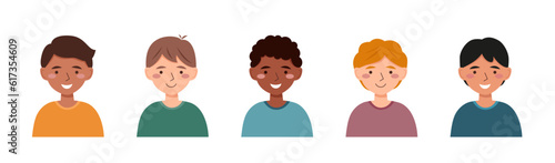 Boy avatars in the flat style on white background. Portraits of boys.