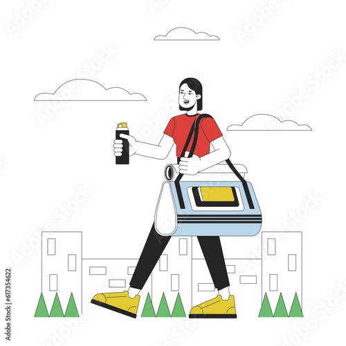 Woman with fitness bag flat line concept vector spot illustration. Lady holds bottle outside 2D cartoon outline character on white for web UI design. Activity editable isolated colorful hero image