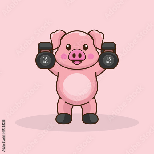 Energetic Pig Cartoon Character Conquering the Kettlebells Challenge
