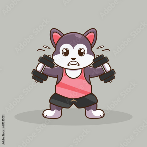 Funny and Cute Wolf Cartoon Illustration Tackling the Barbell