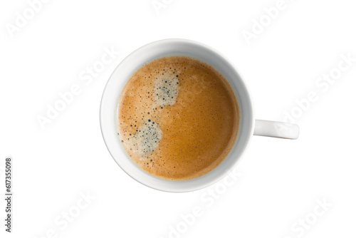 Coffee cup isolated on white background / Top view with cup of coffee / Coffee cup / Mug with hot coffee / Mock up / Top view / flat lay / Kaffe / Kaffetasse / Cappuccino / Milchschaum / Birdview