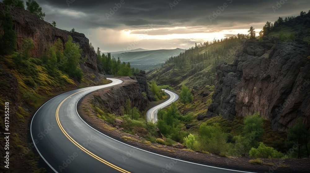 Fototapeta premium Beautiful asphalt freeway. Winding road stretching into the distance, reminding you to embrace the journey of life and enjoy every step along the way