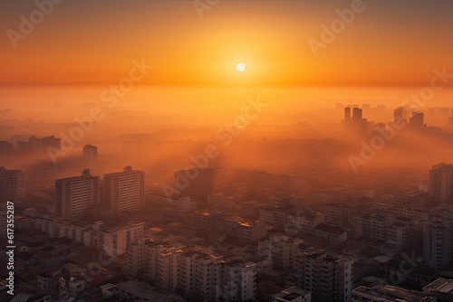 Abstract Blurred city Sunrise Sky Background with Dust, PM 2.5 and air pollution