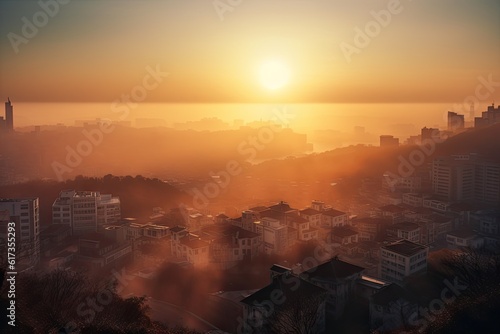 Abstract Blurred city Sunrise Sky Background with Dust, PM 2.5 and air pollution © Thares2020