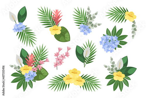 Tropical set of hand drawn floral arrangement. Vector botanical illustration. Layouts for the design of greeting cards and invitations.