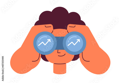 Businessman holding binoculars semi flat vector character head. Man looking on chart arrow up. Editable cartoon avatar icon. Face emotion. Colorful spot illustration for web graphic design, animation
