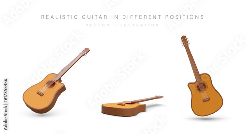 Realistic guitar, view from different sides. 3D stringed musical instrument on white background. Isolated vector image of six string acoustic electric guitar. Left and right handed model
