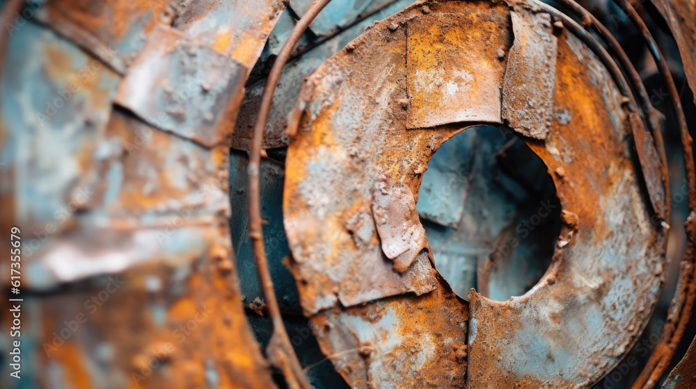 An abstract close-up shot of a recycled metal sculpture, capturing its weathered and rusted surface. An abstract close-up shot of a recycled metal sculpture, capturing its weathered and rusted surface.