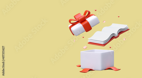Gift book. 3D open box, tied with ribbon, hardcover volume. Present for bookworm. New from your favorite author. Expensive illustrated gift edition. Color advertising poster