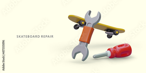 Skateboard repair master services. Quick recovery, preventive works. Redesign of board, replacement of parts. Vector concept for website, page, advertising poster