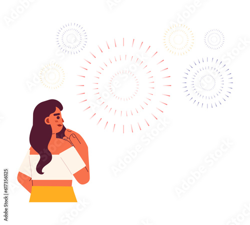 Young indian woman watching fireworks semi flat colorful vector character. 15 august independence day. Editable half body person on white. Simple cartoon spot illustration for web graphic design