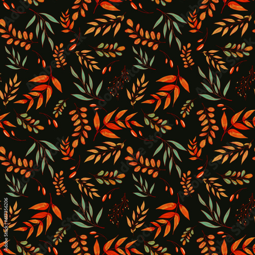 Bright autumn botanical seamless print with autumn leaves, autumn botanical textile pattern, trendy seamless botanical pattern, vector