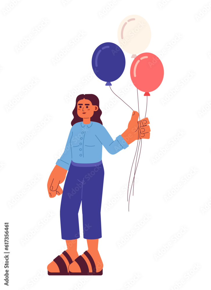 Arabic young woman holding red white and blue balloons semi flat colorful vector character. US holiday. Editable full body person on white. Simple cartoon spot illustration for web graphic design Arabic young woman holding red white and blue balloons semi flat colorful vector character. US holiday. Editable full body person on white. Simple cartoon spot illustration for web graphic design