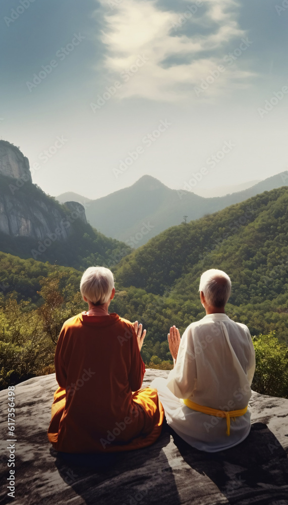 Elderly senior couple meditating in the mountains, back view, AI generated