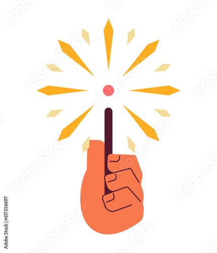 Sparkler 4th of july hand semi flat colorful vector hand. New year spark. Christmas party. US holiday firework. Editable clip art on white. Simple cartoon spot illustration for web graphic design