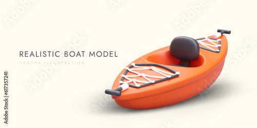 Realistic model of single seater boat. Modern kayak with carrying handles. Orange boat with comfortable seat. Vector concept for travel sites. Equipment for fitness on river, lake
