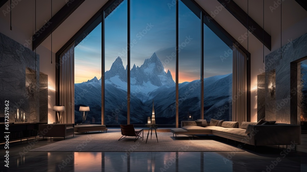 Christmas luxury interior with Xmas tree decorated white balls. Modern house and living room in mountains. Generative AI. Christmas luxury interior with Xmas tree decorated white balls. Modern house and living room in mountains. Generative AI.