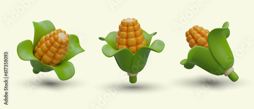 Set of isometric corncobs with green leaves. Ripe yellow corn. Agronomic fodder culture. Vegetarian food. Maize day. Color vector images from side, top, tilt